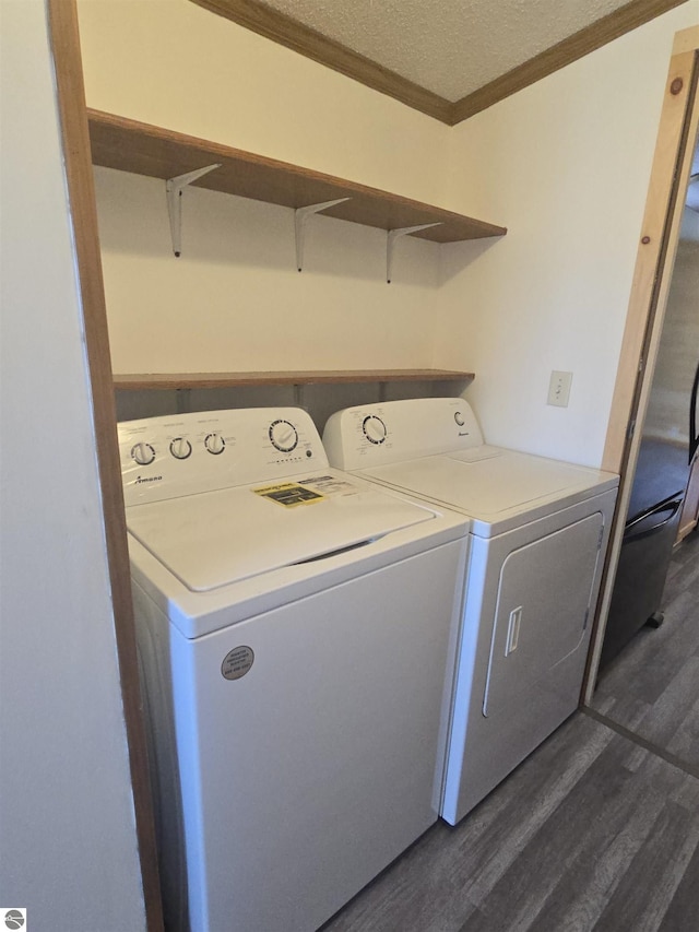 1215 S W County Line Rd, Sumner, MI 48889 - laundry room with laundry area, ornamental molding, dark wood-type flooring, independent washer and dryer, and a textured ceiling