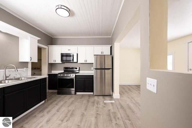 kitchen with light countertops, dark cabinetry, a sink, appliances with stainless steel finishes, and white cabinetry