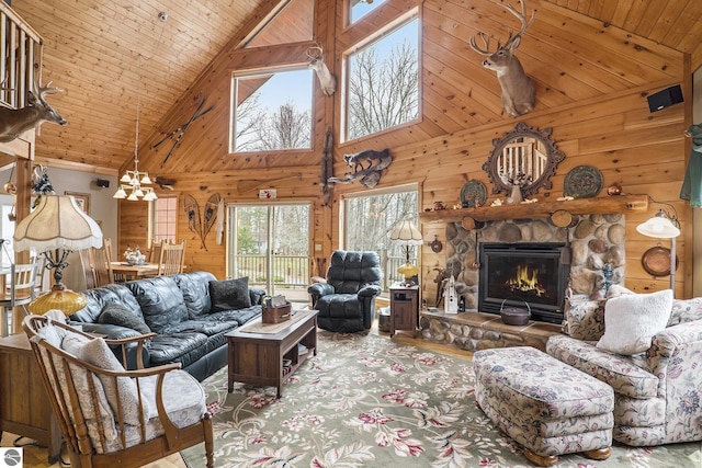 2000 Granada Ct, Weidman, MI 48893 - living room with wood ceiling, wood walls, wood finished floors, high vaulted ceiling, and a stone fireplace