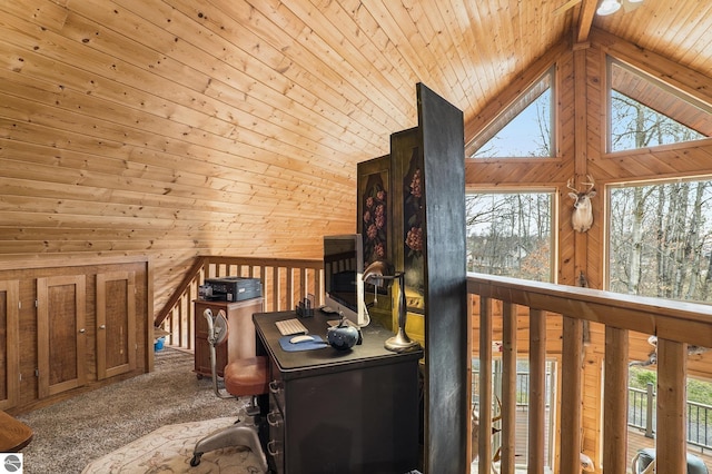 2000 Granada Ct, Weidman, MI 48893 - carpeted office with wood walls, high vaulted ceiling, and wooden ceiling