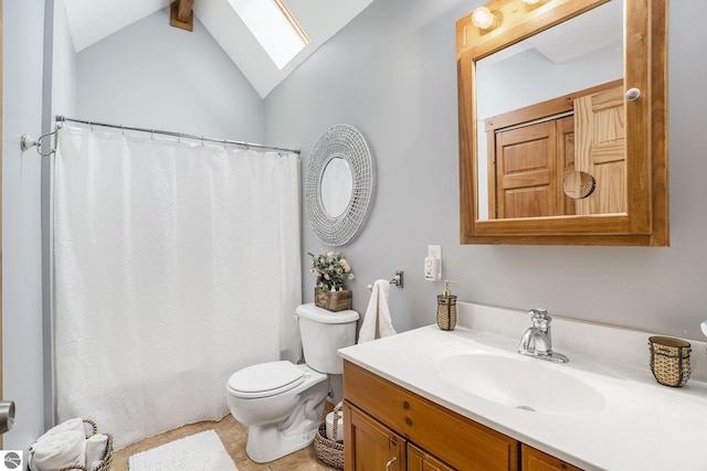 2000 Granada Ct, Weidman, MI 48893 - bathroom with tile patterned flooring, a shower with curtain, toilet, vanity, and lofted ceiling with skylight