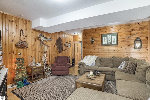 2000 Granada Ct, Weidman, MI 48893 - living area with wooden walls, a textured ceiling, and carpet