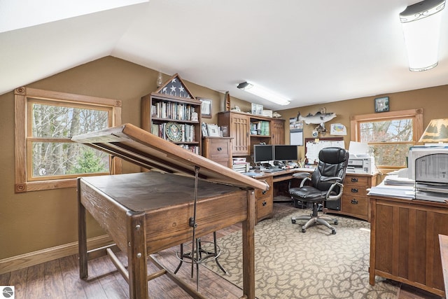 2000 Granada Ct, Weidman, MI 48893 - office with baseboards, light wood-style flooring, and vaulted ceiling