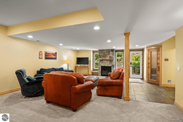 4201 N High Bluffs Dr, Leland, MI 49654 - living room with visible vents, carpet floors, baseboards, recessed lighting, and a fireplace