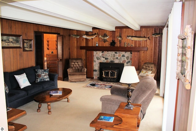 carpeted living room with wooden walls and beam ceiling