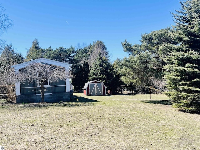 view of yard featuring a storage shed and an outbuilding