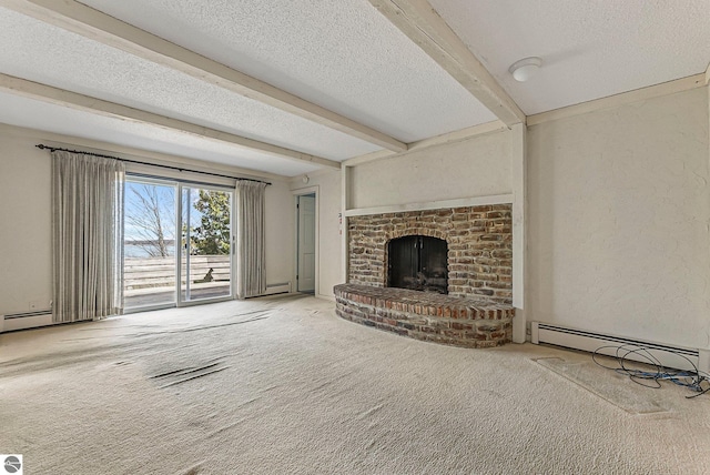 unfurnished living room with beam ceiling, carpet floors, a textured ceiling, and a baseboard radiator