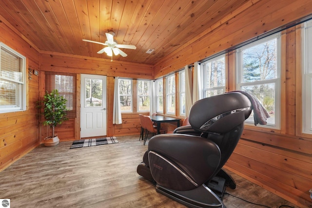6836 NW Aarwood Trl, Rapid City, MI 49676 - interior space featuring wooden walls, a wooden deck, and a healthy amount of sunlight