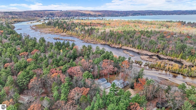 6836 NW Aarwood Trl, Rapid City, MI 49676 - birds eye view of property featuring a water view and a forest view