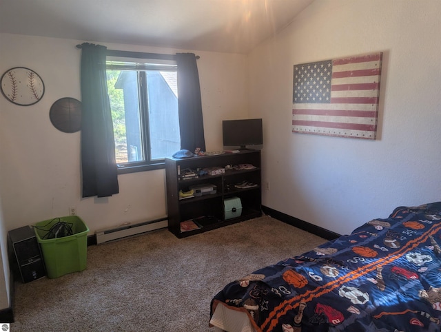 bedroom featuring carpet floors, baseboard heating, and lofted ceiling