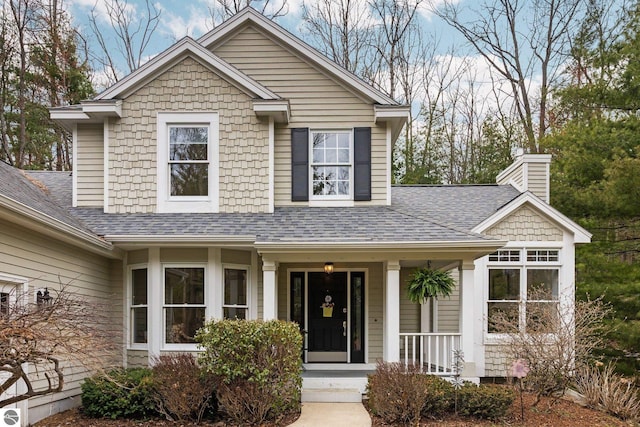 view of front of house with a porch and a shingled roof