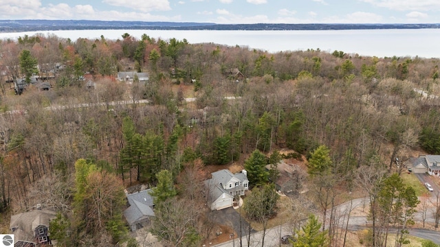 aerial view with a water view and a view of trees