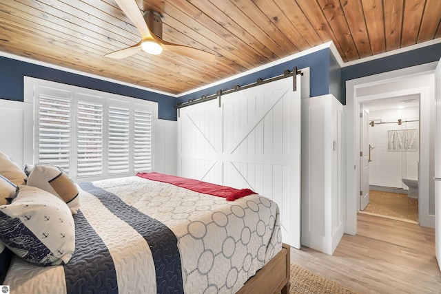 bedroom with wooden ceiling, ornamental molding, a ceiling fan, and light wood-style flooring