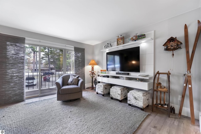 living area featuring baseboards, a baseboard heating unit, and wood finished floors