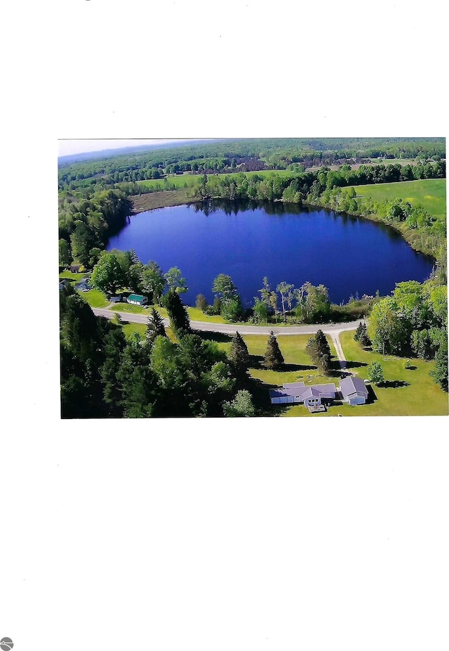 bird's eye view with a water view