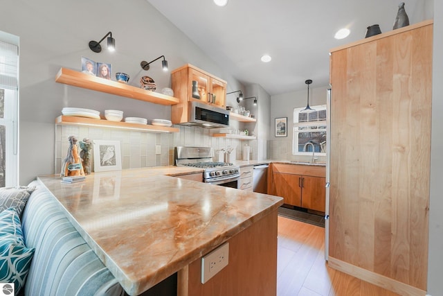 kitchen with open shelves, a peninsula, light wood-style floors, tasteful backsplash, and stainless steel appliances