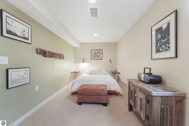 carpeted bedroom featuring baseboards, recessed lighting, and visible vents