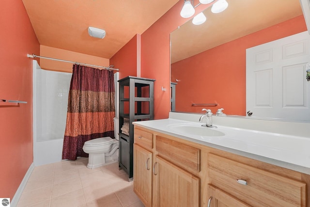 bathroom with tile patterned flooring, baseboards, vanity, toilet, and shower / bath combo with shower curtain