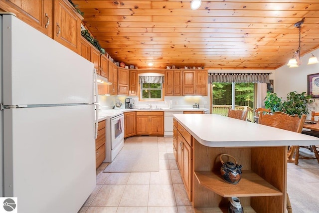 kitchen with open shelves, white appliances, light countertops, a center island, and wood ceiling