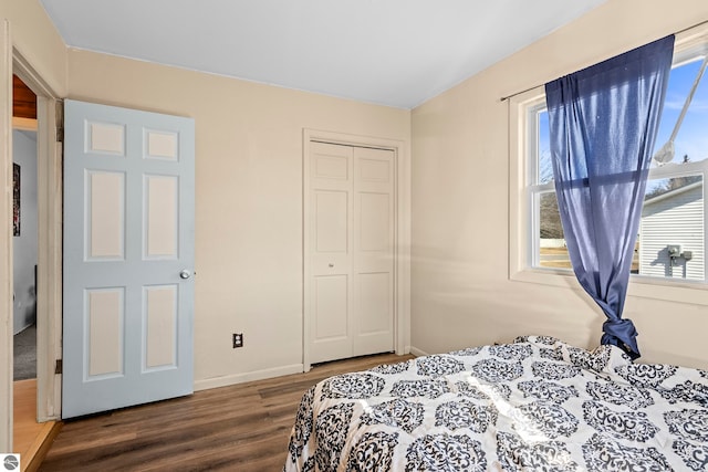 2280 NW Tamara Rd, Kalkaska, MI 49646 - bedroom featuring baseboards, wood finished floors, and a closet