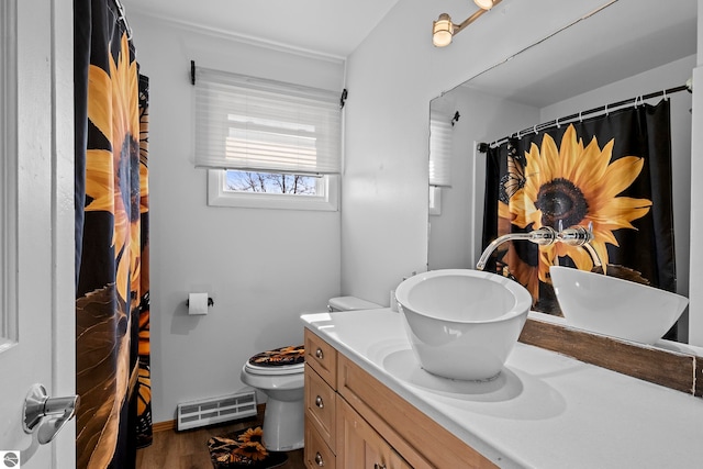 2280 NW Tamara Rd, Kalkaska, MI 49646 - bathroom with vanity, wood finished floors, visible vents, and toilet