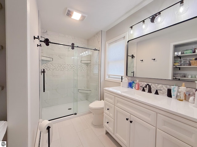 full bathroom with vanity, toilet, tile patterned floors, visible vents, and a stall shower