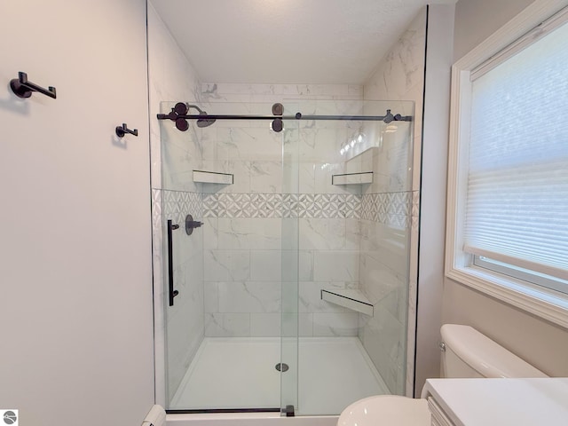 full bathroom featuring vanity, a stall shower, and toilet
