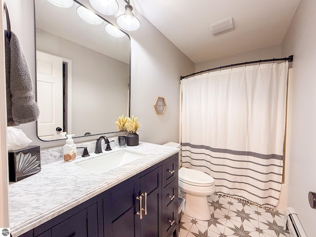 bathroom featuring vanity, baseboard heating, toilet, and visible vents