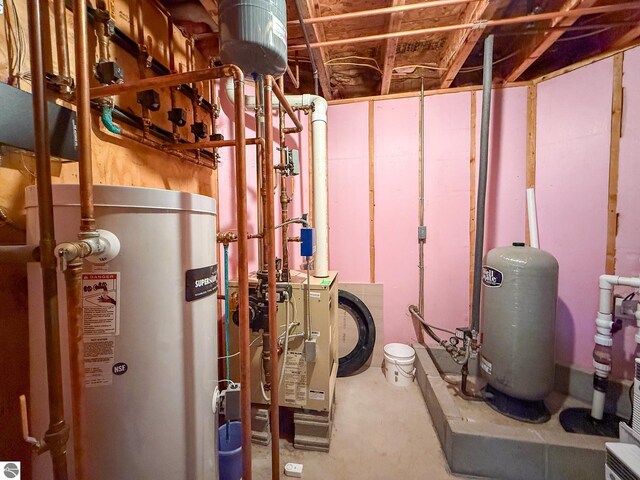 utility room with water heater and a heating unit