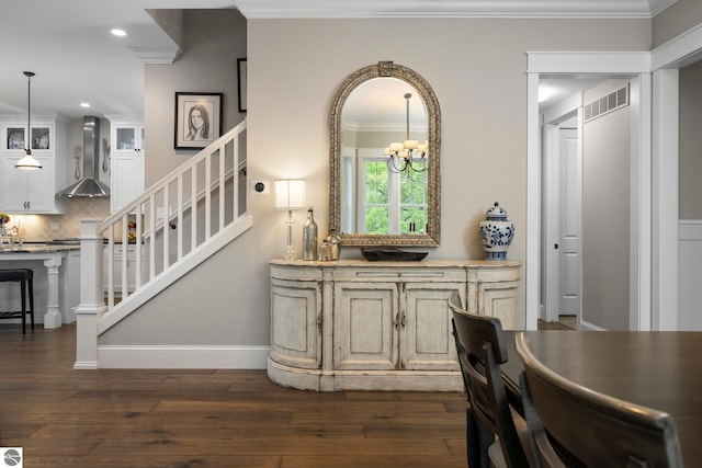 dining space featuring crown molding, stairs, recessed lighting, visible vents, and dark wood-style floors