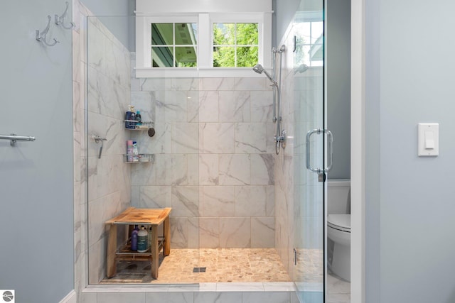 bathroom featuring a stall shower and toilet