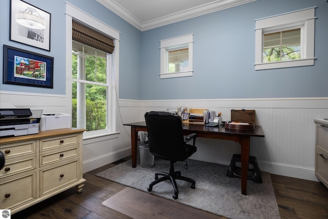 home office featuring dark wood-type flooring, crown molding, and a wainscoted wall