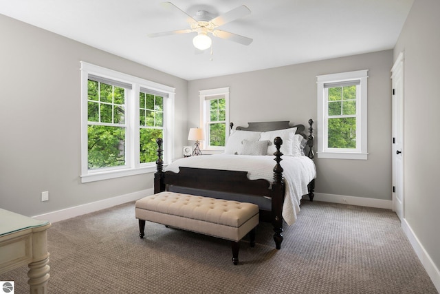 carpeted bedroom with a ceiling fan, baseboards, and multiple windows