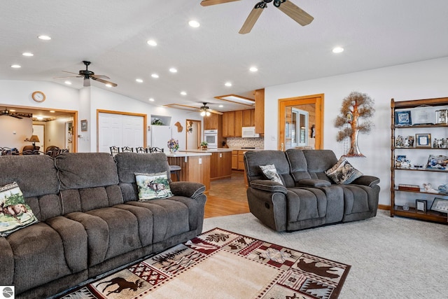 5449 E Shore Dr NE, Kalkaska, MI 49646 - living area featuring ceiling fan, lofted ceiling, and recessed lighting