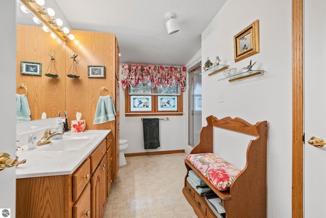 5449 E Shore Dr NE, Kalkaska, MI 49646 - bathroom with vanity, a textured ceiling, tile patterned floors, toilet, and baseboards
