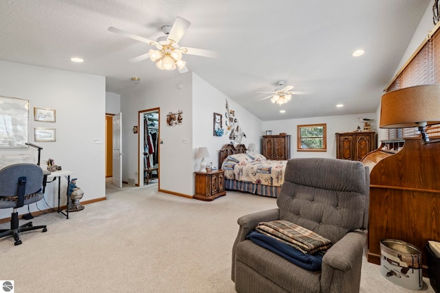 5449 E Shore Dr NE, Kalkaska, MI 49646 - bedroom featuring light colored carpet, baseboards, recessed lighting, ceiling fan, and lofted ceiling