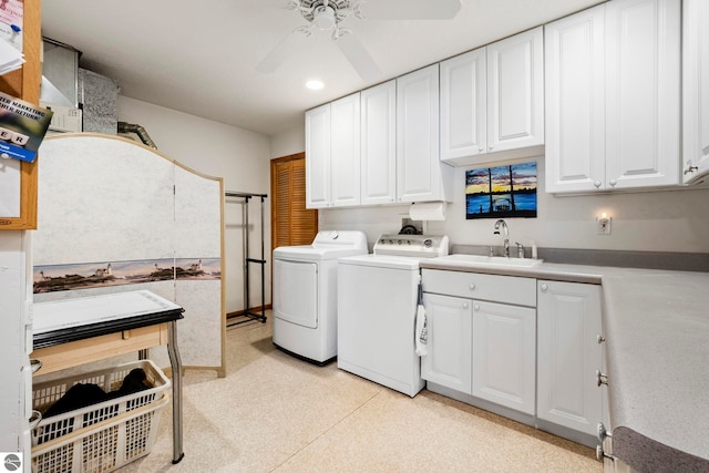 5449 E Shore Dr NE, Kalkaska, MI 49646 - laundry room with cabinet space, washing machine and clothes dryer, a ceiling fan, recessed lighting, and light floors