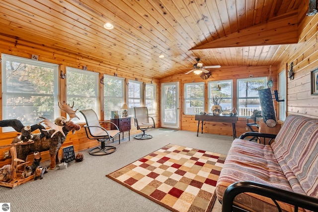 5449 E Shore Dr NE, Kalkaska, MI 49646 - sunroom featuring wood walls, carpet floors, vaulted ceiling, and wooden ceiling