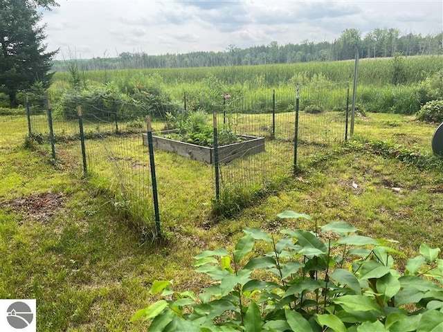 view of gate featuring fence, a vegetable garden, and a rural view