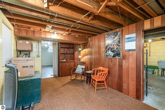 living area featuring wooden walls