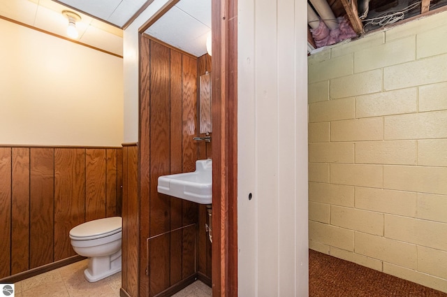 bathroom with wood walls, a sink, a wainscoted wall, concrete block wall, and toilet