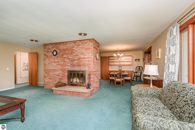 living area with an inviting chandelier, baseboards, carpet, and a brick fireplace