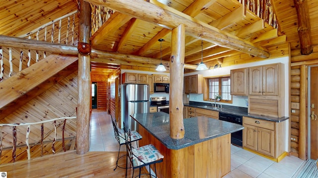 kitchen with a sink, wooden ceiling, beamed ceiling, log walls, and black appliances