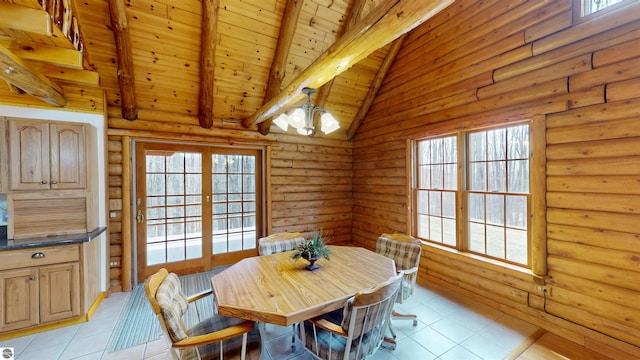 dining room featuring light tile patterned flooring, vaulted ceiling with beams, wooden ceiling, and log walls