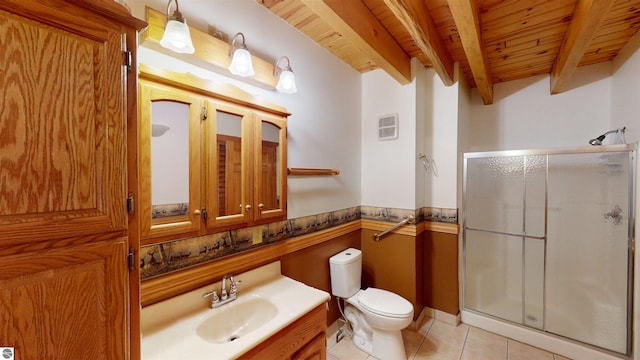 full bath featuring toilet, beamed ceiling, tile patterned floors, wooden ceiling, and a shower stall