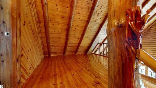 bonus room featuring lofted ceiling with beams, wood ceiling, and hardwood / wood-style flooring