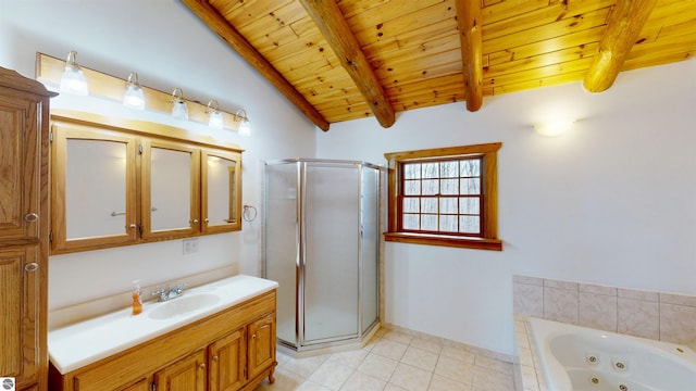 full bathroom with tile patterned flooring, vanity, a whirlpool tub, wood ceiling, and a stall shower