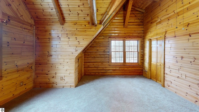 bonus room with lofted ceiling with beams, wood ceiling, and light carpet