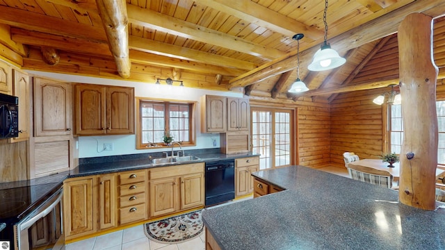 kitchen with wood ceiling, plenty of natural light, dark countertops, a sink, and black appliances
