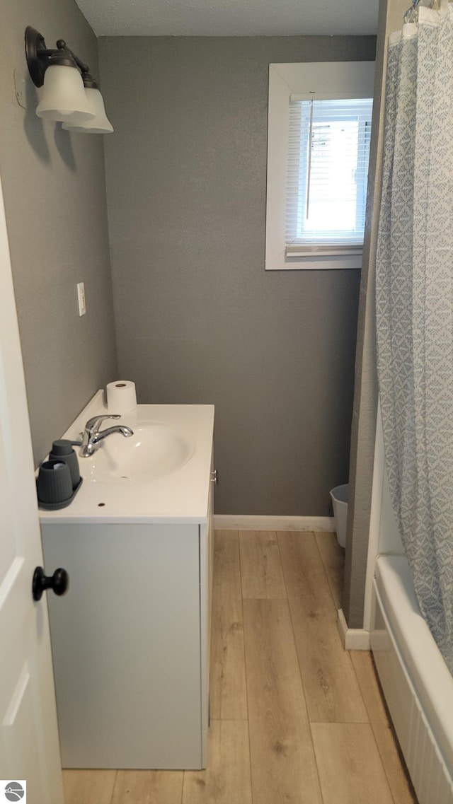bathroom with vanity, baseboards, and wood finished floors